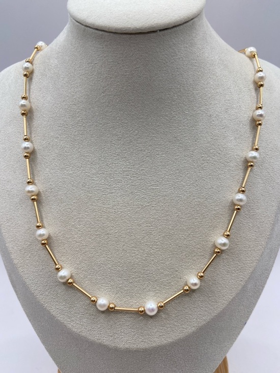 None Jewelry - Rare 14K Yellow Gold 5mm Cultured Pearl By The Yard Station Necklace 18”L